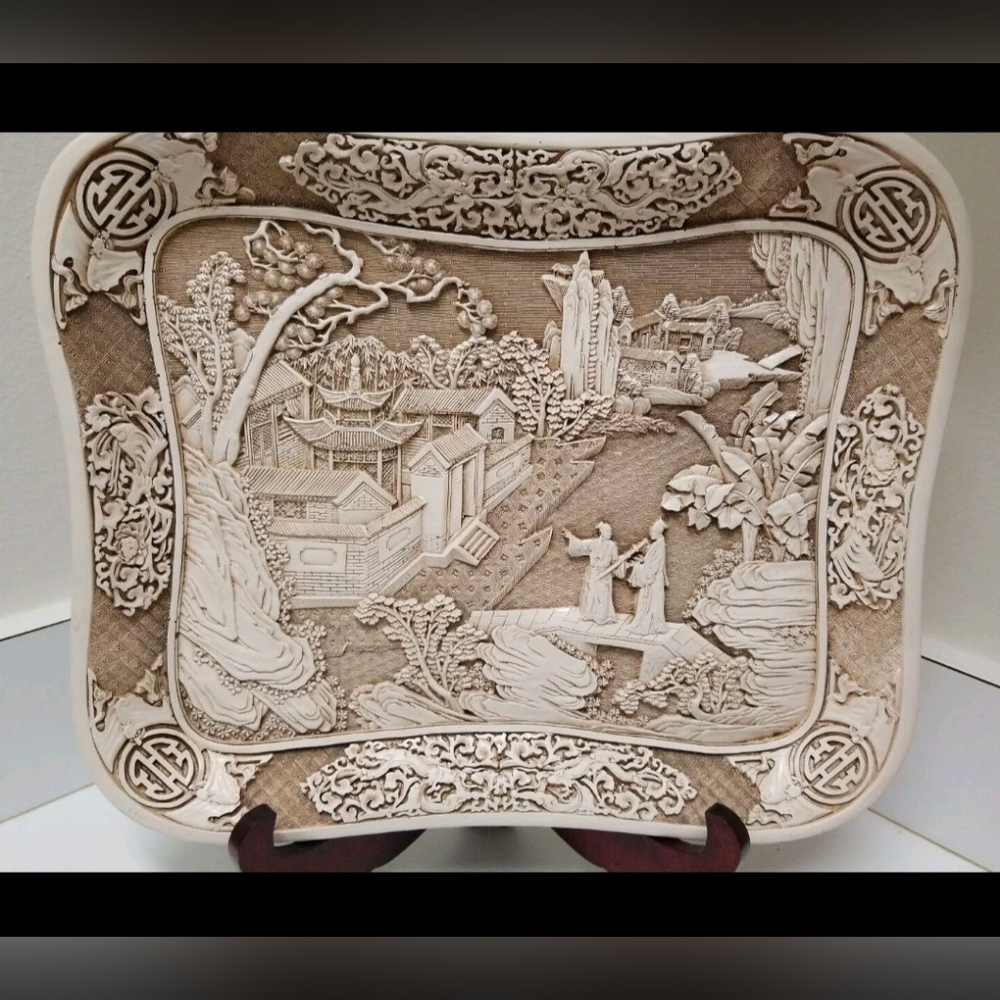 Vintage Japanese Dimensional Carved Village Scene Tray/Platter 14"×12" 1982